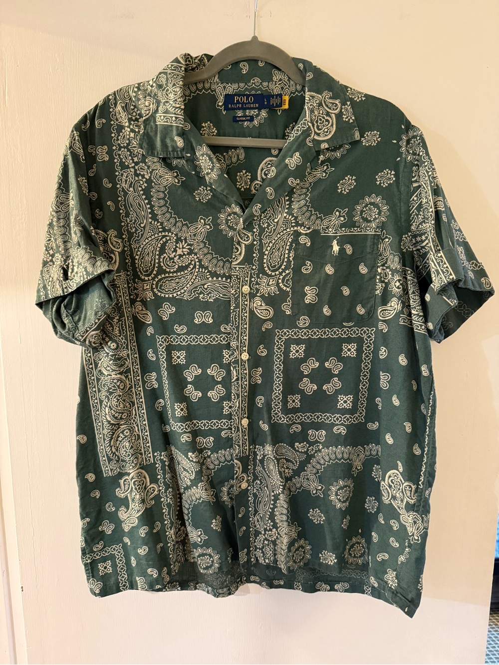 Ralph Lauren Green Bandana-Print Short Sleeve Button-Down Shirt